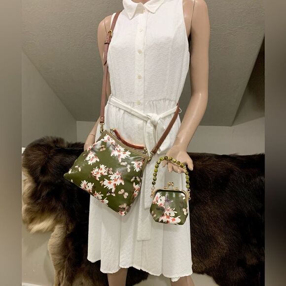 Handmade Genuine Leather Floral Print, Vintage Style Double Kisslock Handbag Set - Picture 9 of 16